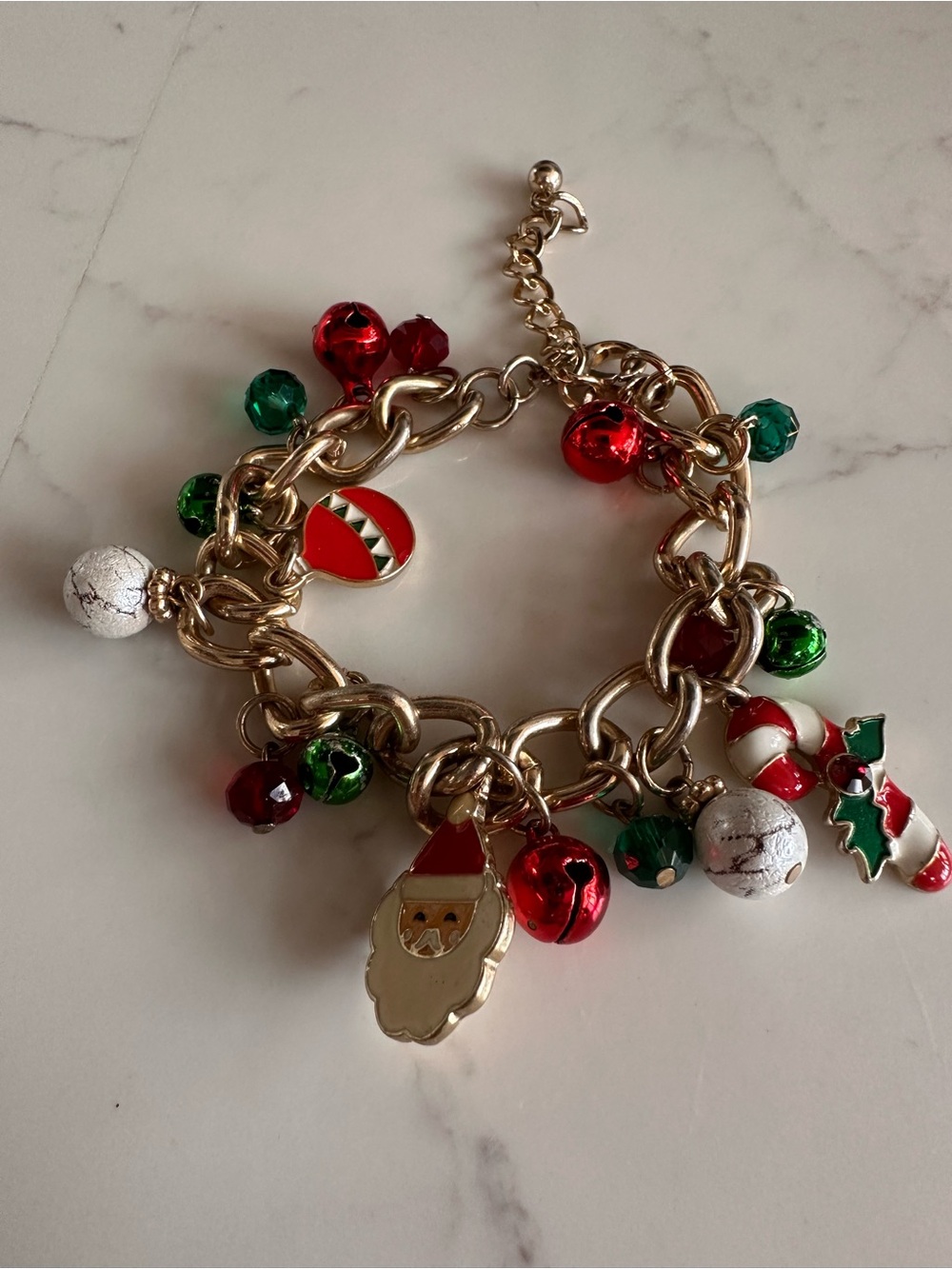 Festive Gold-Tone Christmas Charm Bracelet with Red & Green Accents